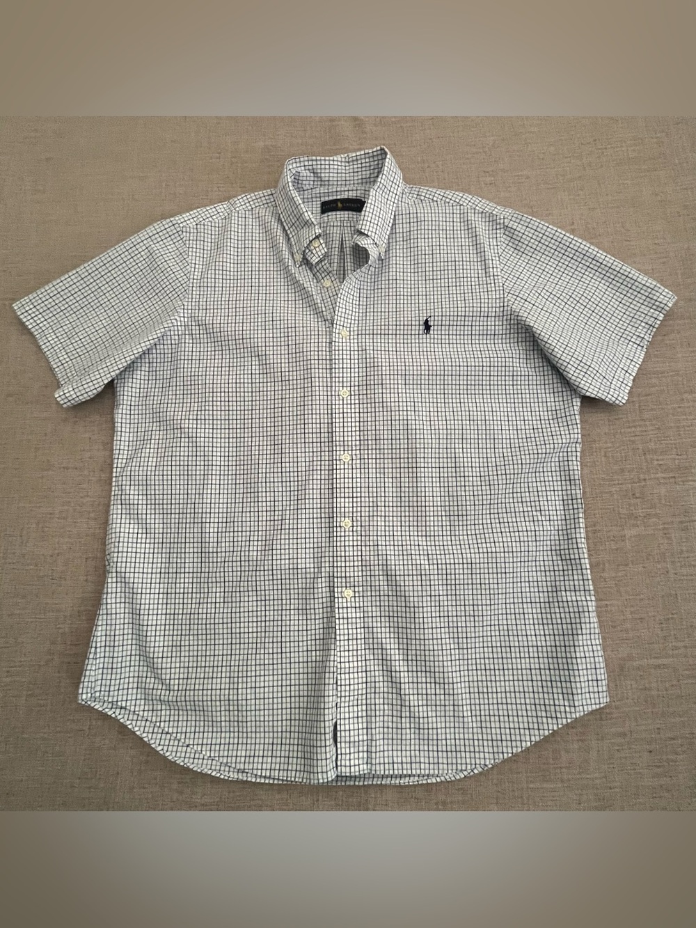 Ralph Lauren Men's Short Sleeve Shirt XL 100% Cotton Button Down Blue White Chec